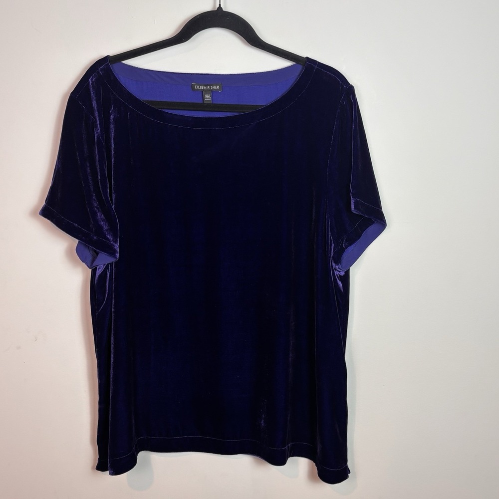 Eileen Fisher Womens Purple Velvet Silk Blend Short Sleeve Scoop Neck Blouse XL